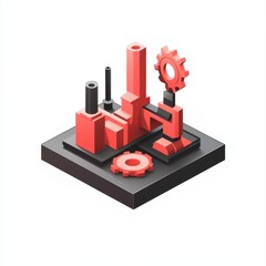 Poster - Geometric industrial machinery in red and black, featuring gear and pipe structures, showcasing modern design.