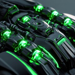 Poster - Close-up of a futuristic mechanical engine with glowing green elements, showcasing intricate details and sleek design.