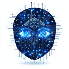 Poster - futuristic digital face with glowing circuitry and blue lights representing ai technology.