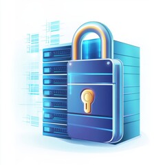 Poster - Digital illustration of a server with a large lock symbolizing data security and protection.