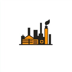 Poster - Stylized industrial factory silhouette with smokestacks and orange accents on a clean white background.