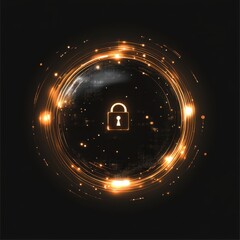 Poster - Abstract digital lock symbol surrounded by glowing golden lights on a dark background.