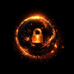 Poster - A glowing digital padlock icon surrounded by a shimmering orange circular aura, representing data security.