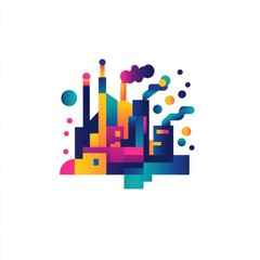 Poster - Colorful abstract illustration of a modern industrial cityscape with smokestacks and geometric shapes.