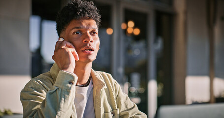 Aufkleber - Serious, man and student with phone call outdoor for communication, school scholarship and opportunity. Thinking, male person and mobile for education discussion, class schedule and study information
