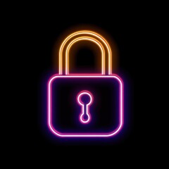 Poster - Colorful neon padlock icon symbolizing security and protection in a digital setting.