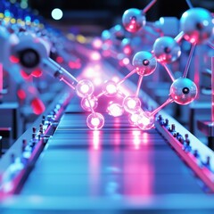 Aufkleber - Futuristic depiction of vibrant molecular structures on a conveyor belt in a high-tech environment.
