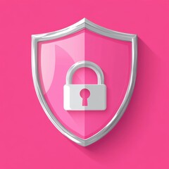 Poster - A sleek silver shield icon with a lock, symbolizing security and protection on a vibrant pink background.