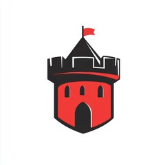 Poster - Stylized fortress emblem with a red and black color scheme, featuring a battlement and flag.