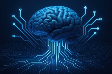 Poster - Digital brain with neural network circuitry on futuristic blue background