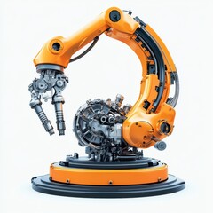 Poster - An orange robotic arm in an industrial setting, showcasing precision and advanced engineering.