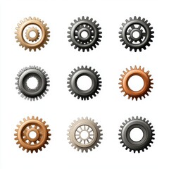 Poster - A collection of nine diverse gears in various colors, showcasing intricate designs and textures.