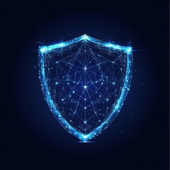 Poster - A digital shield made of glowing blue lines and particles, symbolizing cybersecurity and protection.