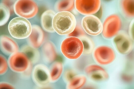 Microscopic view of red and white blood cells, showcasing their diverse shapes and textures in a detailed illustration.
