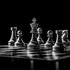 Poster - A dramatic close-up of a chessboard featuring polished metallic pieces, creating a striking contrast against a black background.