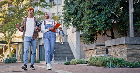 Poster - Muslim, friends or students walking in college to class for learning, future or studying in university. Diversity, outdoor or young people with book or knowledge for school, education or scholarship