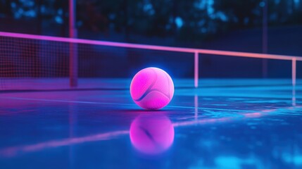 Poster - A vibrant pink tennis ball illuminated with neon hues on a reflective court surface at dusk.
