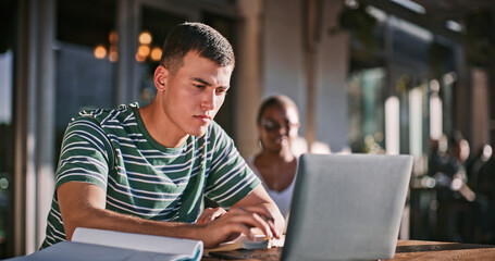 Aufkleber - Man, university student and campus with reading on laptop for assignment and essay writing. Male person, college learner and textbook for education with research or study for exam and assessment