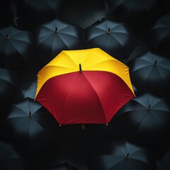 Poster - A vibrant red and yellow umbrella stands out among a sea of black umbrellas, creating a striking contrast.