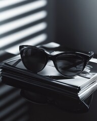 Poster - Stylish black cat-eye sunglasses resting on glossy magazines with dramatic lighting