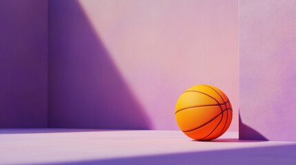 Poster - An orange basketball resting against a pastel purple wall, casting a subtle shadow, evoking a calm mood.