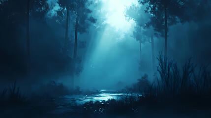 Wall Mural - Ethereal silhouette in a dark environment with a beam of light illuminating solitude and mystery within a foggy atmosphere. Emotion Fog. Illustration