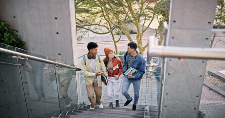 Poster - Conversation, study and walking with friends on stairs at college or university campus for learning. Development, education or growth with man and woman students outdoor at school together for future
