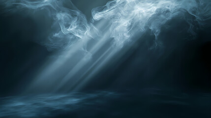 Wall Mural - Ethereal silhouette in a dark environment with a beam of light illuminating solitude and mystery within a foggy atmosphere. Emotion Fog. Illustration