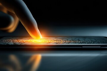 Aufkleber - Floating Hand Touches Smartphone With Glowing Biometric Scanner in a Dimly Lit Modern Setting, Showcasing Advanced Technology and User Interaction