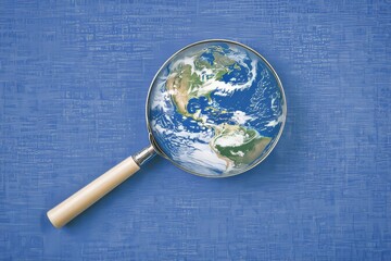 Wall Mural - the concept of global search and exploration as seen through a magnifying glass focused on planet ea