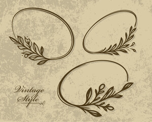 Poster - Three oval-shaped floral frames with intricate leaf designs on a textured, grunge background. Ideal for invitations, greeting cards, and vintage-themed projects.