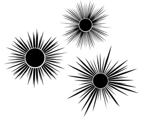 Poster - three abstract black and white Sun or spiky circular patterns on a white background. The design is symmetrical and radiates from a central point, creating a dynamic and eye-catching visual effect.