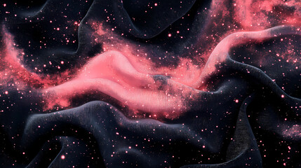 Wall Mural - Warm coral fading into light pink lighting on velvet fabric in dark background. Velvet Nebula. Illustration
