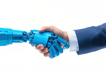 Poster - Businessman shaking hands with a robot promoting collaboration between humans and ai