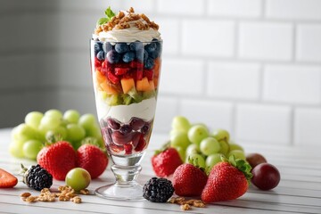 Poster - Delicious Layered Parfait With Vibrant Fruits and Cream Served on a White Tabletop in a Bright Setting