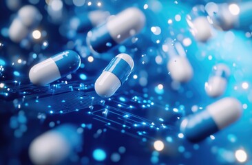 Poster - Floating Blue and White Capsules on a Glowing Circuit Board