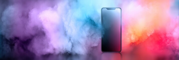 Poster - Floating Smartphone Surrounded by Colorful Gradient Fog Creates a Dreamy Visual Experience in a Surreal Atmosphere