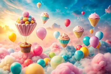 Poster - Dreamy Pastel Sky with Colorful Balloons, Soft Clouds,  Food Photography Background