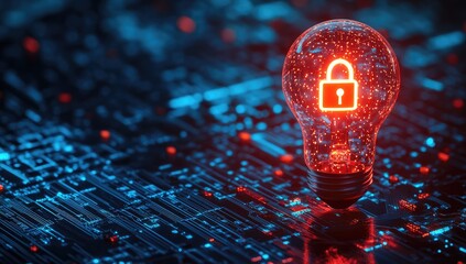 Poster - Glowing Lock Lightbulb On Circuit Board Background