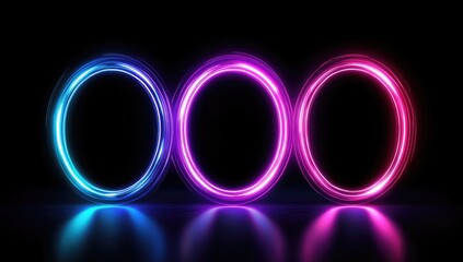 Fototapete - Glowing Neon Pink Blue Purple Circles on Dark Reflective Background