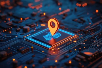 Leinwandbilder - Glowing Orange Location Pin on a Computer Chip