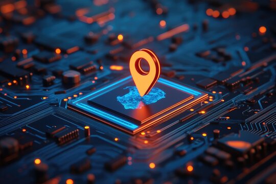 Glowing Orange Location Pin on a Computer Chip