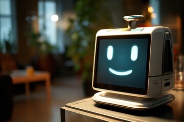 Fototapete - Floating Robotic Assistant With a Smiling Face and a Hovering Screen in a Modern Indoor Environment Promoting Interaction and Innovation