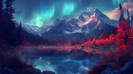 Wall Mural - Ethereal alpine lake reflecting aurora borealis, surrounded by towering mountains draped in luminescent red ferns, mystical fantasy landscape at twilight. Aurora Fern. Illustration