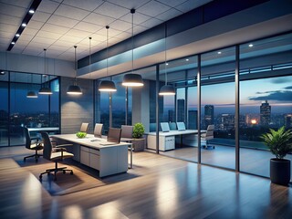 Poster - Empty Modern Office at Night, Soft Light, Abstract Interior Design Background