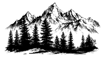 Wall Mural - mountain range and pine trees forest landscape in detailed black and white outline line art