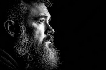 Poster - High-contrast Black and White Portrait of a Man With a Thick Beard Captured in a Studio Setting During a Professional Photoshoot