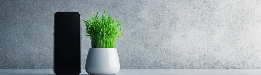 Poster - green plant in white pot next to black rectangle against gray textured background