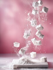 Poster - Floating Meringue Pieces Surrounded by Powdered Sugar Create a Whimsical Culinary Spectacle in a Vibrant Pink Setup