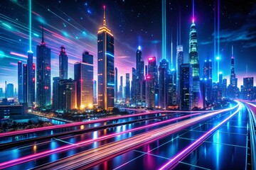 Poster - Futuristic Glowing Lines Bokeh Night Cityscape Stock Photo